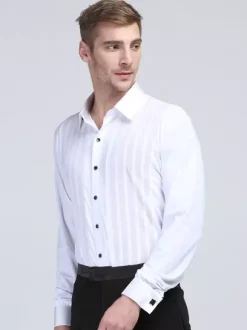Costume de danse latine pour homme chemise blanche à rayures en élasthanne à manches longues chemises de compétition de danse latine