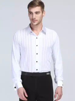 Costume de danse latine pour homme chemise blanche à rayures en élasthanne à manches longues chemises de compétition de danse latine