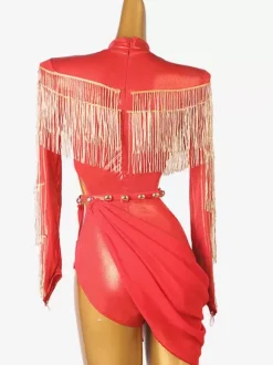 Costume de danse latine rouge pour femmes robe asymétrique en Lycra et spandex à franges vêtements de danse