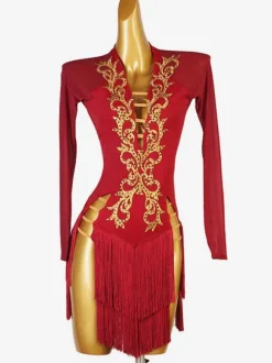 Costume De Danse Latine Robe Manches Longues Sexy En Lycra Et Élasthanne Pour Femme Bordeaux
