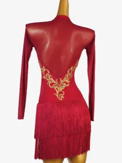 Costume De Danse Latine Robe Manches Longues Sexy En Lycra Et Élasthanne Pour Femme Bordeaux
