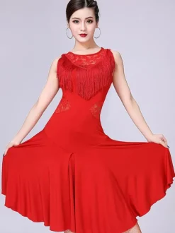 Costume de danse latine rouge femmes glands dentelle robes de danse courtes Déguisements Halloween