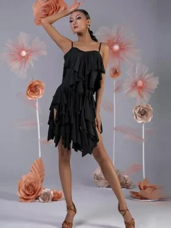 Costume de danse latine rose pour femmes ensemble superposé de volants robe élégante en Polyester Costume de danse