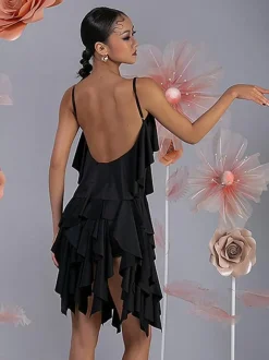 Costume de danse latine rose pour femmes ensemble superposé de volants robe élégante en Polyester Costume de danse