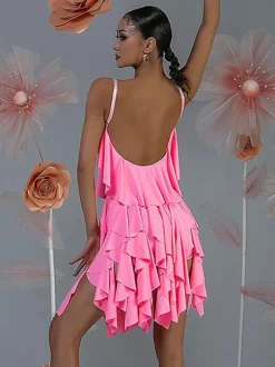 Costume de danse latine rose pour femmes ensemble superposé de volants robe élégante en Polyester Costume de danse
