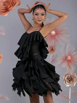 Costume de danse latine rose pour femmes ensemble superposé de volants robe élégante en Polyester Costume de danse