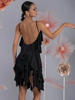 Costume de danse latine rose pour femmes ensemble superposé de volants robe élégante en Polyester Costume de danse