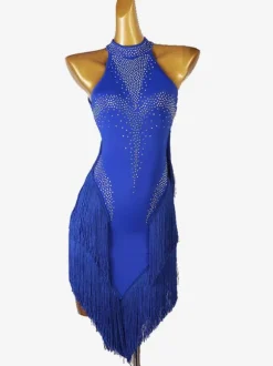 Costume De Danse Latine Robe Sans Manches Lycra Spandex Bleu Royal Femmes Dos Nu Sexy Strass
