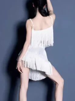 Costume de danse latine vert herbe pour femmes haut élégant en polyester à franges jupe vêtements de danse
