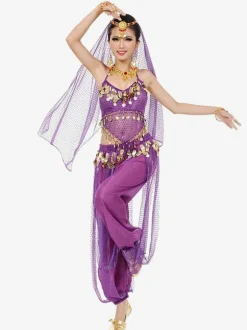 Costume de danse sans manches en mousseline de soie bleue pour femmes  tenue de danse du ventre