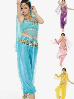 Costume de danse sans manches en mousseline de soie bleue pour femmes  tenue de danse du ventre