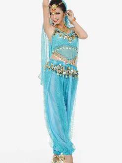 Costume de danse sans manches en mousseline de soie bleue pour femmes  tenue de danse du ventre