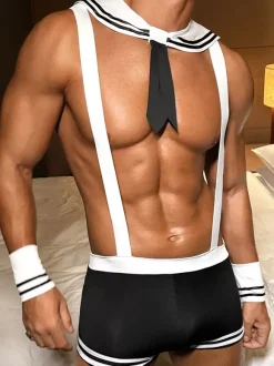 Costume de marin sexy pour homme pantalon à cravate polyester bicolore tenue de soirée