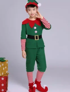 Costume De Noël Elfe Enfant Pantalon Vert 5 Pièces Garçon Déguisement Noël Cadeau Enfant