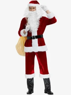 Costume De Père Noël Hommes Ensemble Complet Rouge Polyester Fibre Chapeau Gants Costumes De Vacances De Noël Cadeau Noël Déguisement