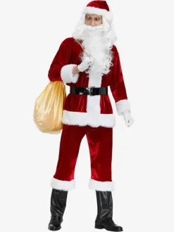 Costume De Père Noël Hommes Ensemble Complet Rouge Polyester Fibre Chapeau Gants Costumes De Vacances De Noël Cadeau Noël Déguisement