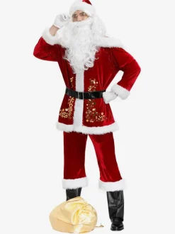 Costume De Père Noël Hommes Ensemble Rouge Polyester Fibre Chapeau Gants Costumes De Vacances De Noël Cadeau Noël Déguisement