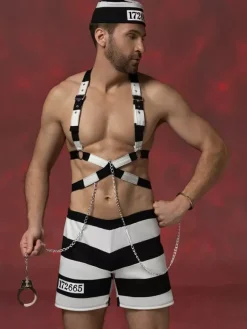 Costume de prisonnier pour homme : ensemble short harnais rayé et chapeau à chaîne tenue d'Halloween ou de boîte de nuit