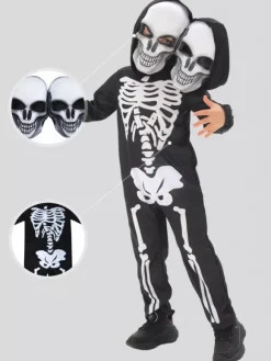 Costume de squelette d'Halloween pour enfants masque à deux têtes et combinaison tenue de scène