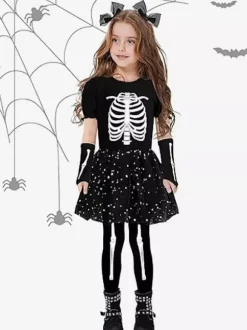 Costume de squelette d'Halloween pour fille tenue mignonne et effrayante pour la chasse aux bonbons