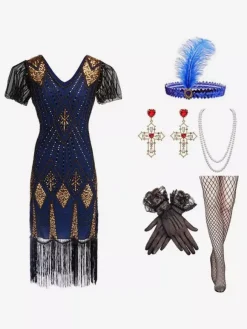 Costume Des Années 1920 Paillettes Dorées Frange Ensemble Élégant Robe Vintage Bourgogne