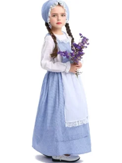 Costume Enfants Laitier Filles Cosplay Fille Bébé Bleu Polyester Chapeau Robe 3 Pièces Ensemble Halloween Fermier Cosplay Déguisement Halloween