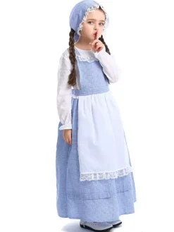 Costume Enfants Laitier Filles Cosplay Fille Bébé Bleu Polyester Chapeau Robe 3 Pièces Ensemble Halloween Fermier Cosplay Déguisement Halloween