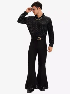 Costume Hippie Noir Vintage Ensemble Élégant Manches Longues Rétro Costumes Pour Homme