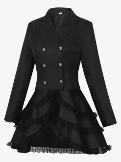 Costume mi-long punk gothique jacquard croisé pour femme manteau noir à queue d'hirondelle style européen et américain