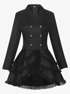 Costume mi-long punk gothique jacquard croisé pour femme manteau noir à queue d'hirondelle style européen et américain