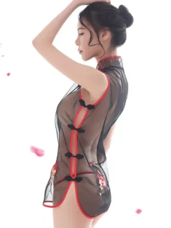 Costume Sexy Qipao Robe Mini Cheongsam Sheer Tulle Femmes Nuit Porter Ensemble De Lingerie Halloween