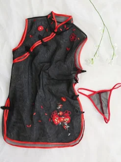 Costume Sexy Qipao Robe Mini Cheongsam Sheer Tulle Femmes Nuit Porter Ensemble De Lingerie Halloween