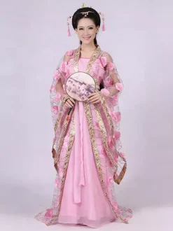 Costume Traditionnel Chinois Femme Tulle Hanfu Robe Ancienne Dynastie Tang 3 Pièces Déguisements Halloween
