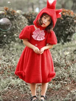 Costume Carnaval de Lapin Fille Cadeau Noël Enfants Robe Bébé avec Chapeau à Capuche Déguisement Halloween Baptême