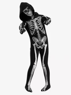 Costume complet de squelette d'Halloween avec capuche pour enfants et adultes tenue moulante à imprimé os 3D