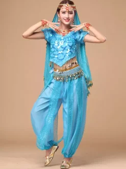 Costume Danse du ventre Bleu en mousseline de soie de danse Bollywood 2026 Robe pour femmes Déguisements Halloween