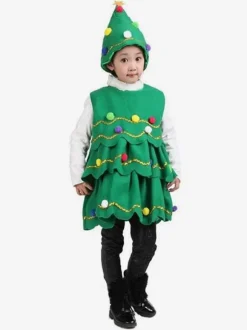 Costume d'arbre de Noël vert de Noël Robe de chapeau en fibre de polyester Costumes de vacances de Noël Ensemble complet