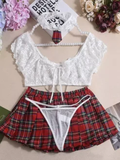 Costume d'écolière sexy pour femme haut dos en T jupe lingerie