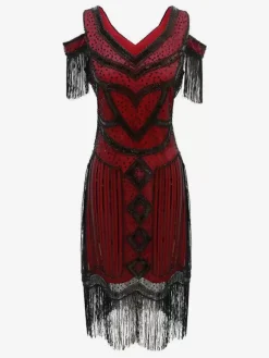 Costume De Charleston Des Années 1920 Robe Manches Courtes Rétro Femmes Élégants Bourgogne