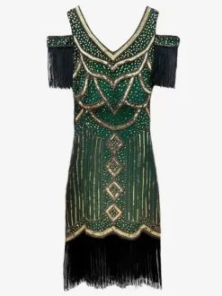 Costume De Charleston Des Années 1920 Robe Manches Courtes Rétro Femmes Élégants Bourgogne
