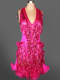 Costume de danse danse latine Costume jaune paillettes franges Halter volants sans manches robe de la femme Déguisements Halloween