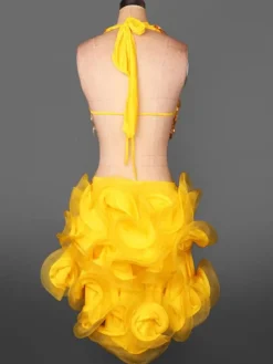 Costume de danse danse latine Costume jaune paillettes franges Halter volants sans manches robe de la femme Déguisements Halloween