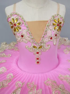 Costume de danse de ballet rose dentelle brodée perlée robe de ballerine tutu Déguisements Halloween