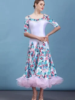 Costume de danse de salle de bal blanc imprimé floral demi-manches femmes formation robes de danse Déguisements Halloween