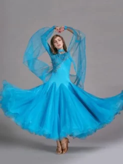 Costume de danse de salon danse robe bleu ciel clair Tulle un manchon Déguisements Halloween