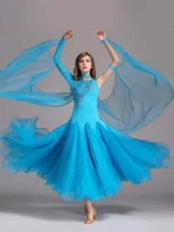 Costume de danse de salon danse robe bleu ciel clair Tulle un manchon Déguisements Halloween