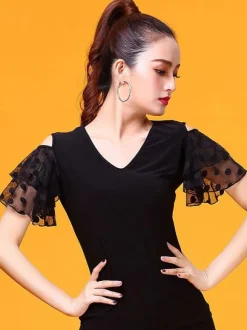 Costume de danse de salon Top Black femmes Bell manches formation T Shirt vêtements de danse Déguisements Halloween