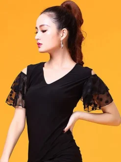 Costume de danse de salon Top Black femmes Bell manches formation T Shirt vêtements de danse Déguisements Halloween