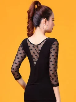 Costume de danse de salon Top noir femmes à manches longues Polka Dot Cowl Neck Training vêtements de danse Déguisements Halloween