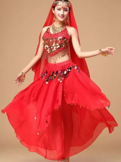 Costume de Danse de Ventre Rouge Orientale en Chiffon Cosplay Femme Déguisements Halloween